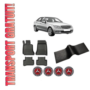 Set 5 covorase auto MERCEDES-BENZ C-CLASS (W204) din 2008-2018, cu covoras tunel median, presuri auto din cauciuc, 4x Stickere auto cu MERCEDES-BENZ