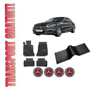 Set 5 covorase auto MERCEDES-BENZ C-CLASS (W205) din 2016-2020, cu covoras tunel median, presuri auto din cauciuc, 4x Stickere auto cu MERCEDES-BENZ