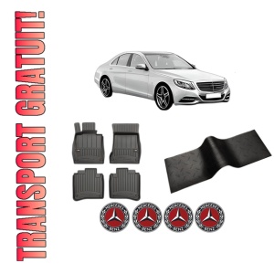 Set 5 covorase auto MERCEDES-BENZ S-CLASS (W222, V222, X222) din 2016-2023, cu covoras tunel median, presuri auto din cauciuc, 4x Stickere auto cu MERCEDES-BENZ
