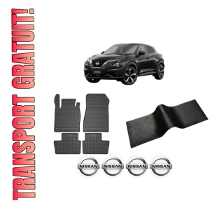 Set 5 covorase auto NISSAN JUKE (F16_) din 2010-2020, cu covoras tunel median, presuri auto din cauciuc, 4x Stickere auto cu NISSAN