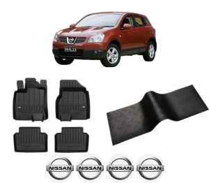 Set 5 covorase auto NISSAN QASHQAI I (J10, NJ10) din 2006-2015, cu covoras tunel median, presuri auto din cauciuc, 4x Stickere auto cu NISSAN - Img 2