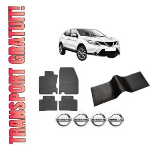 Set 5 covorase auto NISSAN QASHQAI II (J11, J11_) din 2014-2022, cu covoras tunel median, presuri auto din cauciuc, 4x Stickere auto cu NISSAN