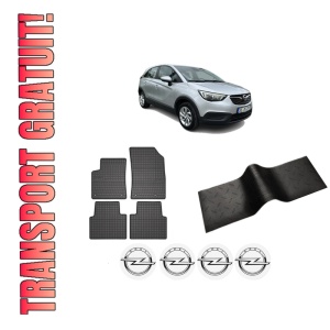 Set 5 covorase auto OPEL CROSSLAND X / CROSSLAND (P17, P2QO) din 2004-2013, cu covoras tunel median, presuri auto din cauciuc, 4x Stickere auto cu OPEL