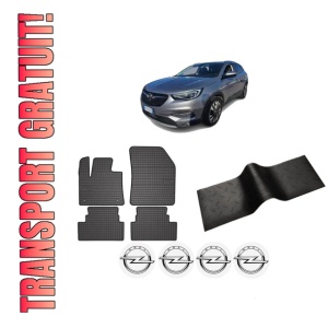 Set 5 covorase auto OPEL GRANDLAND / GRANDLAND X (A18, P1UO) din 2008-2018, cu covoras tunel median, presuri auto din cauciuc, 4x Stickere auto cu OPEL