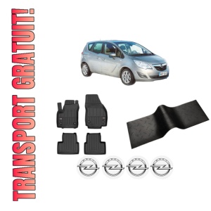 Set 5 covorase auto OPEL MERIVA B MPV (S10) din 2016-2020, cu covoras tunel median, presuri auto din cauciuc, 4x Stickere auto cu OPEL