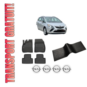 Set 5 covorase auto OPEL ZAFIRA TOURER C VAN (P12) din 2006-2015, cu covoras tunel median, presuri auto din cauciuc, 4x Stickere auto cu OPEL