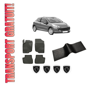 Set 5 covorase auto PEUGEOT 207 (WA_, WC_) din 2004-2013, cu covoras tunel median, presuri auto din cauciuc, 4x Stickere auto cu PEUGEOT