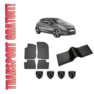 Set 5 covorase auto PEUGEOT 208 I (CA_, CC_) din 2010-2014, cu covoras tunel median, presuri auto din cauciuc, 4x Stickere auto cu PEUGEOT
