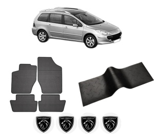 Set 5 covorase auto PEUGEOT 307 SW (3H) din 2011-2018, cu covoras tunel median, presuri auto din cauciuc, 4x Stickere auto cu PEUGEOT - Img 2
