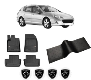 Set 5 covorase auto PEUGEOT 407 SW (6E_, 6D_) din 2019-2024, cu covoras tunel median, presuri auto din cauciuc, 4x Stickere auto cu PEUGEOT - Img 2