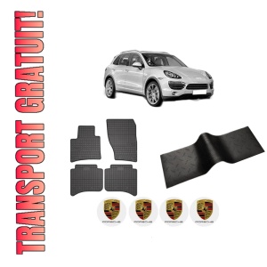 Set 5 covorase auto PORSCHE CAYENNE (92A) din 2014-2024, cu covoras tunel median, presuri auto din cauciuc, 4x Stickere auto cu PORSCHE