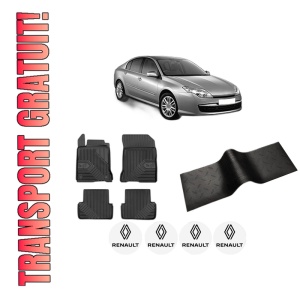 Set 5 covorase auto RENAULT LAGUNA III (BT0/1) din 2010-2020, cu covoras tunel median, presuri auto din cauciuc, 4x Stickere auto cu RENAULT
