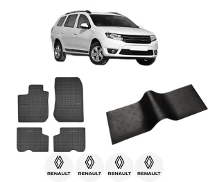 Set 5 covorase auto RENAULT LOGAN II Estate (K8_) din 2012-2015, cu covoras tunel median, presuri auto din cauciuc, 4x Stickere auto cu RENAULT - Img 2