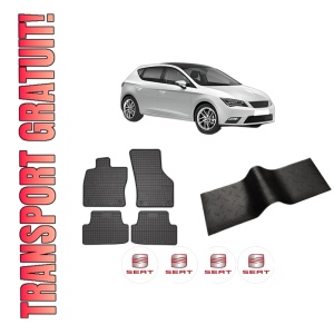Set 5 covorase auto SEAT LEON (5F1) din 2004-2011, cu covoras tunel median, presuri auto din cauciuc, 4x Stickere auto cu SEAT