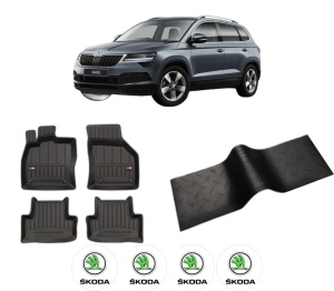 Set 5 covorase auto SKODA KAROQ (NU7, ND7) din 2009-2017, cu covoras tunel median, presuri auto din cauciuc, 4x Stickere auto cu SKODA - Img 2