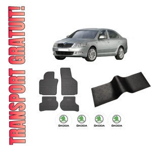 Set 5 covorase auto SKODA Octavia II (1Z3) din 2004-2009, cu covoras tunel median, presuri auto din cauciuc, 4x Stickere auto cu SKODA