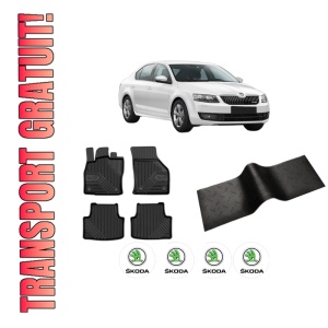 Set 5 covorase auto SKODA Octavia III (5E3, NL3, NR3) din 2015-2022, cu covoras tunel median, presuri auto din cauciuc, 4x Stickere auto cu SKODA