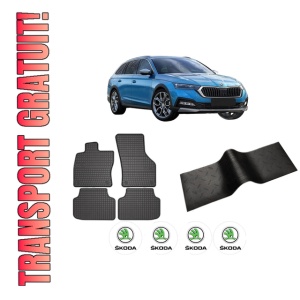 Set 5 covorase auto SKODA Octavia IV (NX3, NN3, PV3) din 2012-2019, cu covoras tunel median, presuri auto din cauciuc, 4x Stickere auto cu SKODA