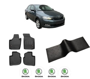 Set 5 covorase auto SKODA RAPID (NH3, NK3, NK6) din 2011-2018, cu covoras tunel median, presuri auto din cauciuc, 4x Stickere auto cu SKODA - Img 2