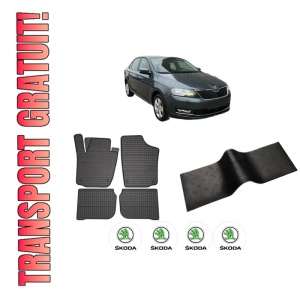 Set 5 covorase auto SKODA RAPID (NH3, NK3, NK6) din 2011-2018, cu covoras tunel median, presuri auto din cauciuc, 4x Stickere auto cu SKODA