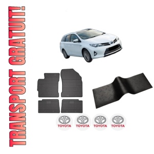 Set 5 covorase auto TOYOTA AURIS Estate (_E18_) din 2008-2015, cu covoras tunel median, presuri auto din cauciuc, 4x Stickere auto cu TOYOTA