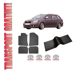 Set 5 covorase auto TOYOTA AVENSIS Estate (_T25_) din 2013-2020, cu covoras tunel median, presuri auto din cauciuc, 4x Stickere auto cu TOYOTA