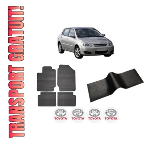Set 5 covorase auto TOYOTA COROLLA (_E12_) din 2012-2020, cu covoras tunel median, presuri auto din cauciuc, 4x Stickere auto cu TOYOTA