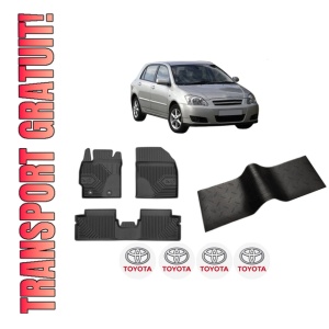 Set 5 covorase auto TOYOTA COROLLA (_E12_) din 2012-2020, cu covoras tunel median, presuri auto din cauciuc, 4x Stickere auto cu TOYOTA