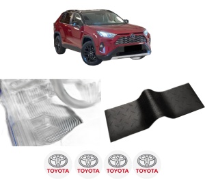 Set 5 covorase auto TOYOTA RAV 4 V (_A5_, _H5_) din 2015-2017, cu covoras tunel median, presuri auto din cauciuc, 4x Stickere auto cu TOYOTA - Img 2