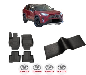 Set 5 covorase auto TOYOTA RAV 4 V (_A5_, _H5_) din 2015-2017, cu covoras tunel median, presuri auto din cauciuc, 4x Stickere auto cu TOYOTA - Img 2