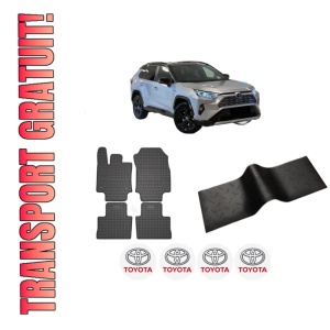 Set 5 covorase auto TOYOTA RAV 4 V VAN (_A5_, _H5_) din 2015-2017, cu covoras tunel median, presuri auto din cauciuc, 4x Stickere auto cu TOYOTA