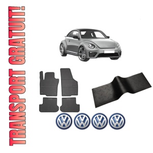 Set 5 covorase auto Volkswagen BEETLE (5C1, 5C2) din 2017-2022, cu covoras tunel median, presuri auto din cauciuc, 4x Stickere auto cu Volkswagen