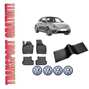 Set 5 covorase auto Volkswagen BEETLE (5C1, 5C2) din 2017-2022, cu covoras tunel median, presuri auto din cauciuc, 4x Stickere auto cu Volkswagen