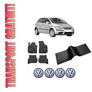 Set 5 covorase auto Volkswagen GOLF PLUS V (5M1, 521) din 2008-2013, cu covoras tunel median, presuri auto din cauciuc, 4x Stickere auto cu Volkswagen