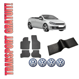 Set 5 covorase auto Volkswagen GOLF VI Convertible (517) din 2009-2013, cu covoras tunel median, presuri auto din cauciuc, 4x Stickere auto cu Volkswagen