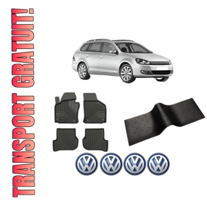 Set 5 covorase auto Volkswagen GOLF VI Variant (AJ5) din 2008-2017, cu covoras tunel median, presuri auto din cauciuc, 4x Stickere auto cu Volkswagen