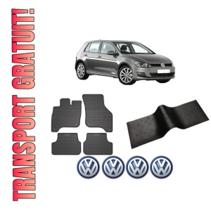 Set 5 covorase auto Volkswagen GOLF VII (5G1, BQ1, BE1, BE2) din 2014-2015, cu covoras tunel median, presuri auto din cauciuc, 4x Stickere auto cu Volkswagen