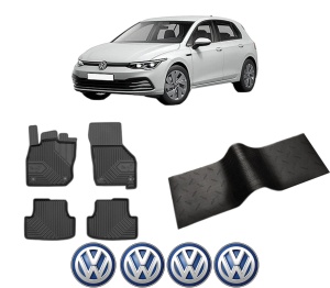 Set 5 covorase auto Volkswagen GOLF VIII (CD1, DA1) din 2007-2015, cu covoras tunel median, presuri auto din cauciuc, 4x Stickere auto cu Volkswagen - Img 2