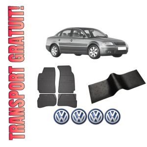 Set 5 covorase auto Volkswagen PASSAT B5.5 (3B3) din 2012-2013, cu covoras tunel median, presuri auto din cauciuc, 4x Stickere auto cu Volkswagen