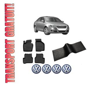 Set 5 covorase auto Volkswagen PASSAT B6 (3C2) din 2016-2020, cu covoras tunel median, presuri auto din cauciuc, 4x Stickere auto cu Volkswagen