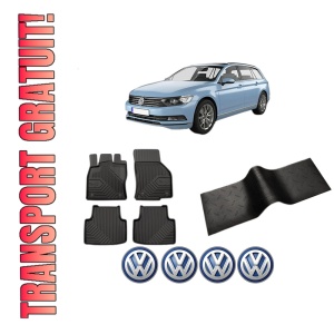 Set 5 covorase auto Volkswagen PASSAT B8 Variant (3G5, CB5) din 2018-2024, cu covoras tunel median, presuri auto din cauciuc, 4x Stickere auto cu Volkswagen