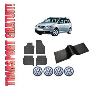 Set 5 covorase auto Volkswagen TOURAN (1T1, 1T2) din 2015-2018, cu covoras tunel median, presuri auto din cauciuc, 4x Stickere auto cu Volkswagen
