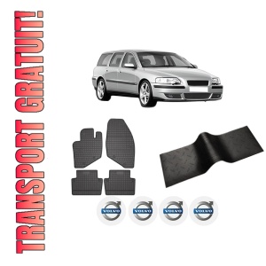 Set 5 covorase auto VOLVO V70 II (285) din 2006-2014, cu covoras tunel median, presuri auto din cauciuc, 4x Stickere auto cu VOLVO