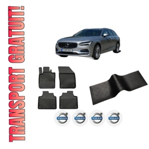 Set 5 covorase auto VOLVO V90 II Estate (235) din 2007-2015, cu covoras tunel median, presuri auto din cauciuc, 4x Stickere auto cu VOLVO