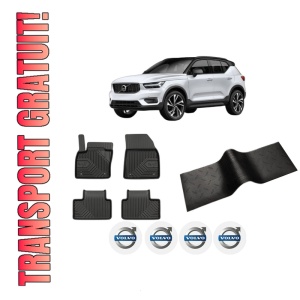 Set 5 covorase auto VOLVO XC40 (536) din 2009-2017, cu covoras tunel median, presuri auto din cauciuc, 4x Stickere auto cu VOLVO