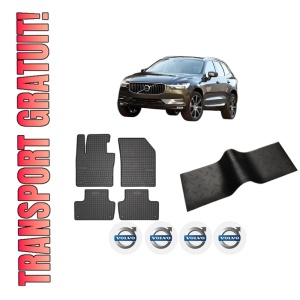 Set 5 covorase auto VOLVO XC60 II (246) din 2004-2011, cu covoras tunel median, presuri auto din cauciuc, 4x Stickere auto cu VOLVO