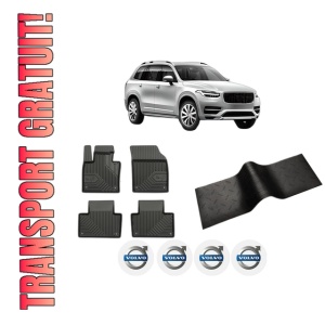 Set 5 covorase auto VOLVO XC90 II (256) din 2010-2018, cu covoras tunel median, presuri auto din cauciuc, 4x Stickere auto cu VOLVO