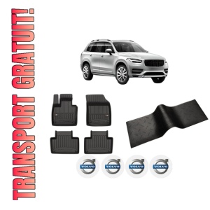 Set 5 covorase auto VOLVO XC90 II (256) din 2010-2018, cu covoras tunel median, presuri auto din cauciuc, 4x Stickere auto cu VOLVO