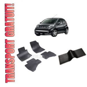 Set 5 covorase PEUGEOT 107 din 2005-06.2014, cu covoras tunel median, CAROSERIE HATCHBACK, Presuri cauciuc 100%, compatibil cu autoturismul PEUGEOT 107, Rigum