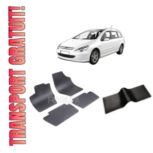 Set 5 covorase PEUGEOT 307 din 2001-2005, cu covoras tunel median, CAROSERIE COMBI, Presuri cauciuc 100%, compatibil cu autoturismul PEUGEOT 307, Rigum